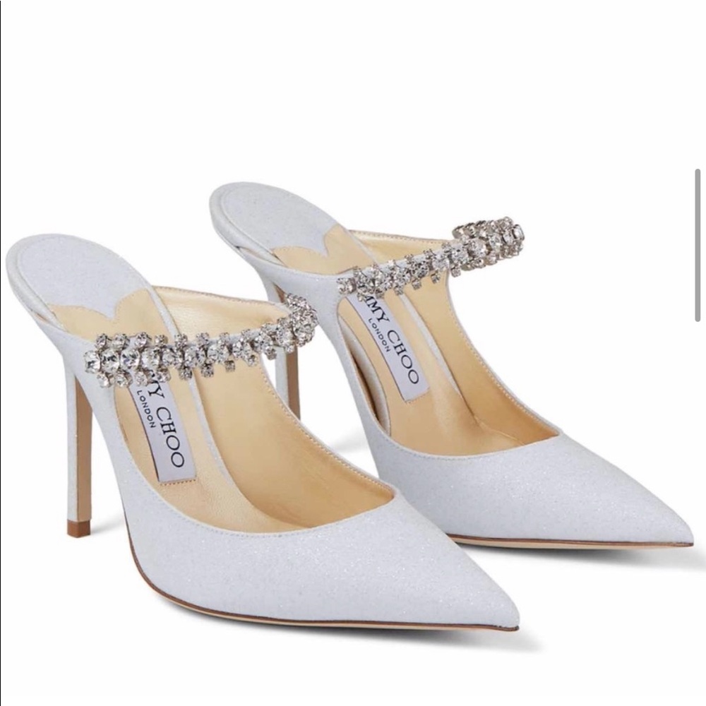 Jimmy Choo Bing 100mm Glitter Leather Mules, Silver 37